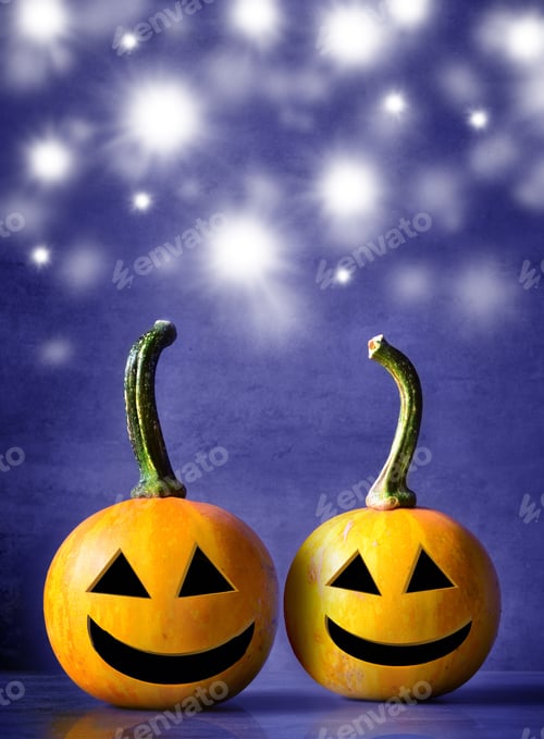 Preview: Scary Halloween Pumpkins Isolated On A Blue Background. Scary Smiling Faces Trick Or Treat