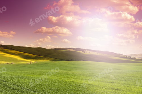 Preview: Italian Landscape With Meadows Early In The Spring At Sunrise. Agriculture In Italy, Fields