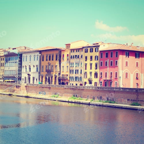 Preview: Embankment Of The River Arno In The Italian City Of Pisa, Retro Effect