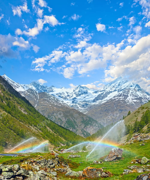 Preview: Rainbows In Irrigation Water Spouts In Summer Alps Mountain (Switzerland, Near Zermatt)