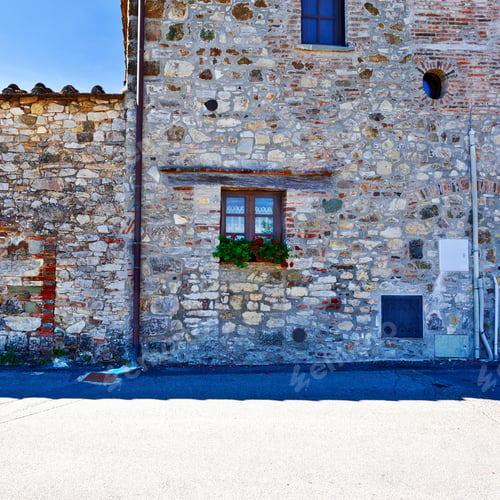 Preview: Facade Of Italian House With Closed Window Decorated With Fresh Flowers. Italian House Exterior