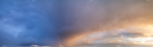 Preview: Summer Sunset After Rain Sky Panorama With Fleese Purple Clouds And Rainbow. Evening Dusk Good