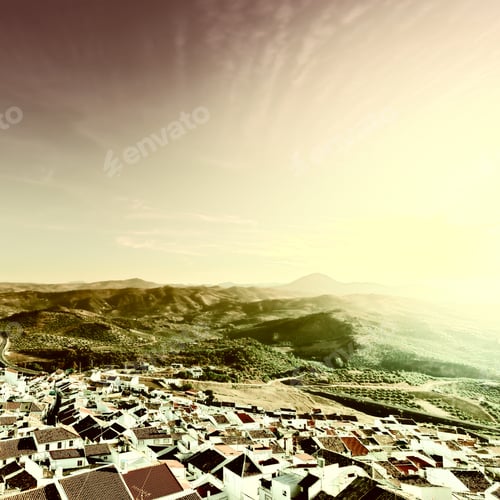 Preview: Aerial View On The Red Roofs Of The Spanish Town At Sunset, Vintage Style Toned Picture