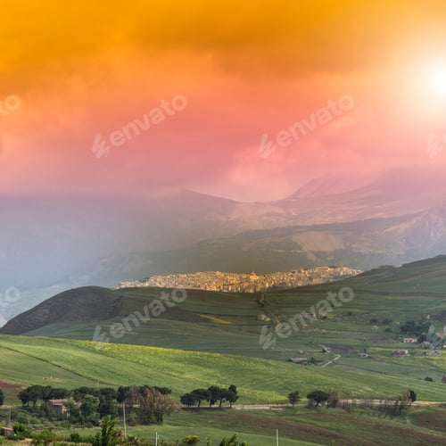 Preview: A Medieval City In The Mountains Of Sicily. Sicilian Landscape At Sunrise, Hills, Fields, Flowers