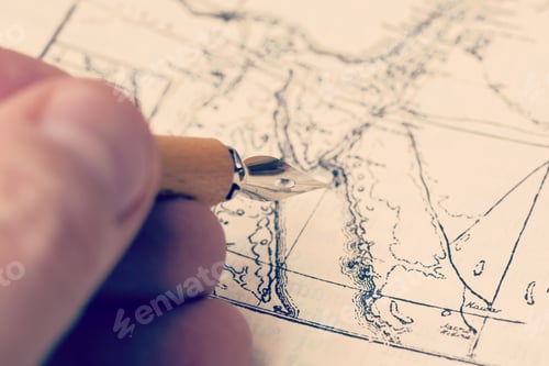 Preview: A Person Is Drawing A Historical Map With An Ink Pen. Focus Point On The Pen Tip. Image Has A