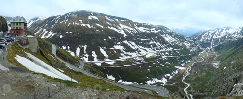 Preview: Summer Cloudy Mountain Landscape With Road (Furka Pass, Switzerland). Panorama.