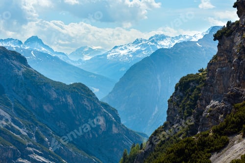 Preview: Summer Mountain View From Stelvio Pass With Snow On Mount Top And Fir Trees On Slope (Italy)