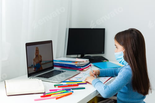 Preview: Woman Video Conferencing With Tutor On Laptop At Home. Distance Education Concept.