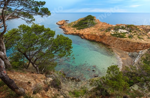 Preview: Sea Bay Summer View With Conifer Trees In Front. Coasta Brava, Catalonia, Spain.