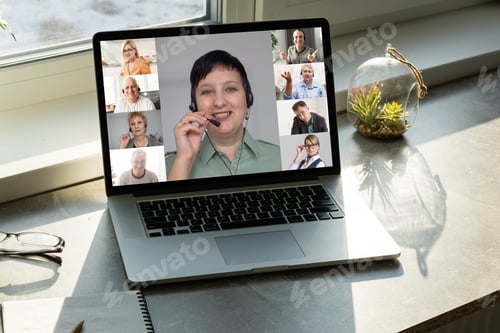 Preview: Group Friends Video Chat Connection Concept. Laptop On Table, Home Interior.