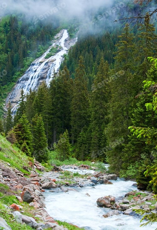 Preview: Alps Beautiful Mountain Waterfall Summer View