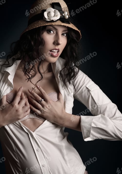 Preview: Young Beautiful Woman In Hat . Flirty Look. Game Emotions. Beautiful Figure
