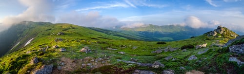 Preview: Early Morning Misty Summer Mountain Panorama With Clouds And Fog. Carpathian, Ukraine.
