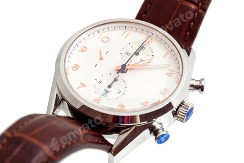 Preview: Man`S Wristwatch Of Silver Case And Brown Leather Strap, Close Up Isolated On White Background