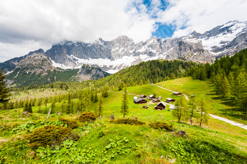 Preview: Austrian Village Surrounded By Forests, Meadows, Fields And Pastures On The Background Of