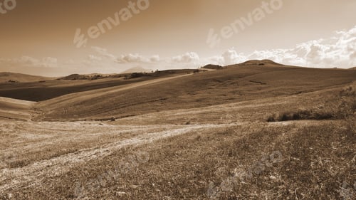 Preview: Stubble Fields On The Hills Of Sicily At Sunset, Vintage Style Sepia