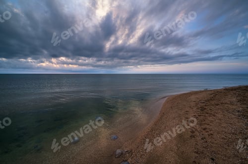 Preview: Colorful Sea Beach Sunrise Landscape With Jellyfish In Water (Strilkove Village, Arabat Spit