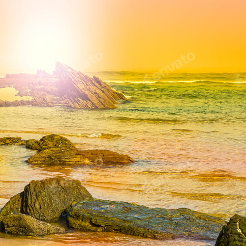 Preview: Portuguese Atlantic Ocean Beach In The Morning Mist At Sunrise. Breathtaking Landscape And Nature