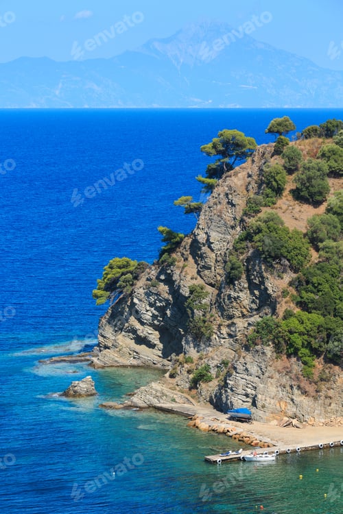 Preview: Summer Aegean Sea Coast Landscape And Mount Athos In Mist (Chalkidiki, Greece).