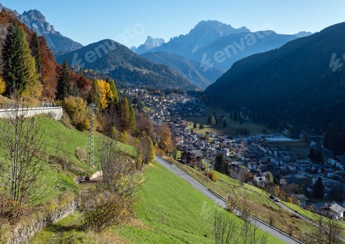Preview: Autumn Alpine Dolomites Scene, Belluno, Sudtirol, Italy. Peaceful Village Falcade And Rocky