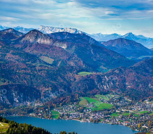 Preview: Picturesque Autumn Alps Mountain Lakes View From Schafberg Viewpoint, Salzkammergut, Upper Austria