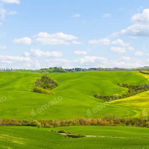 Preview: Italian Landscape With Meadows Early In The Spring. Agriculture In Italy, Fields, Pastures And