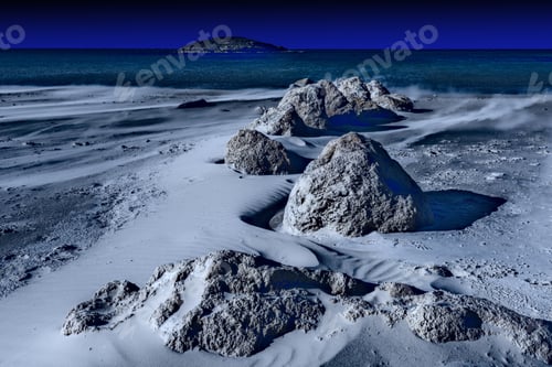 Preview: View Of A Small Island From The Israeli Shore Of The Mediterranean Sea. Sand Blowing Over Beach