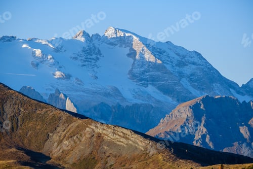 Preview: Sunny Colorful Autumn Alpine Dolomites Rocky Mountain Scene, Sudtirol, Italy. Peaceful View From