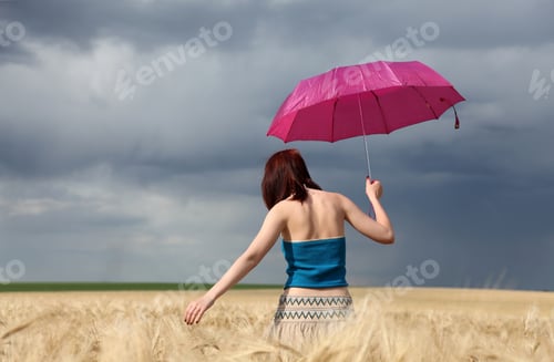 Preview: Girl At Wheat Field With Umbrella
