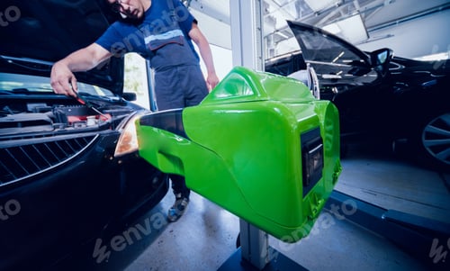 Preview: Worker Checks And Adjusts The Headlights Of A Car'S Lighting System. Auto Repair Service.