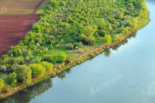Preview: Top Picturesque View Of The Dnister River, With Spring Fields On Coast. Ukraine, Europe.