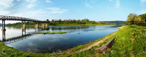 Preview: Spring Picturesque View Of The Dnister River With Bridge. Nezvysko Village, Ternopil Region
