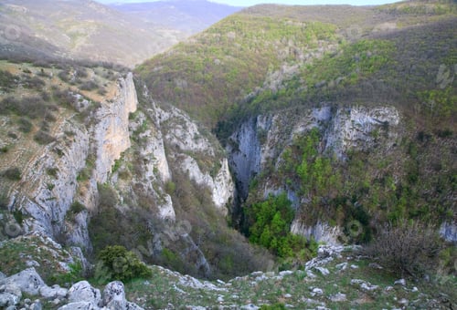 Preview: Spring Great Crimean Canyon Mountain View With And Pine Trees On Slope (Crimea, Ukraine).
