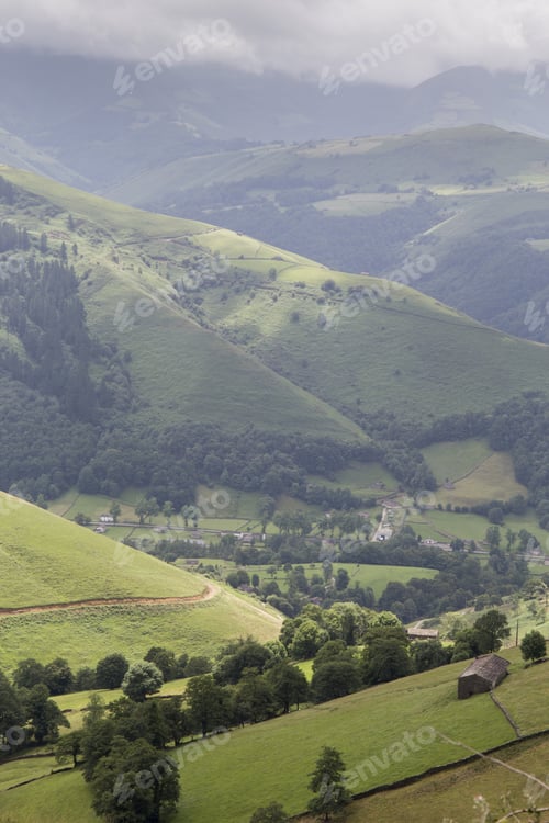 Preview: Valles Pasiegos Cantabria Landscape Wiht Green Field Spain