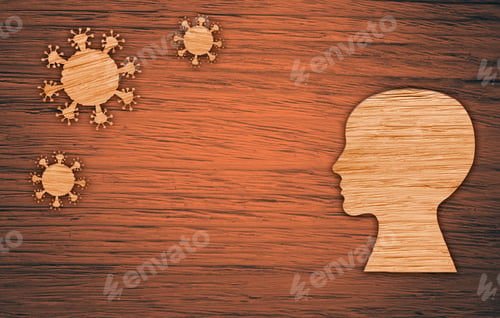 Preview: The Silhouette Of A Human Head, The Virus On A Brown Wooden Background. The Epidemic Of The