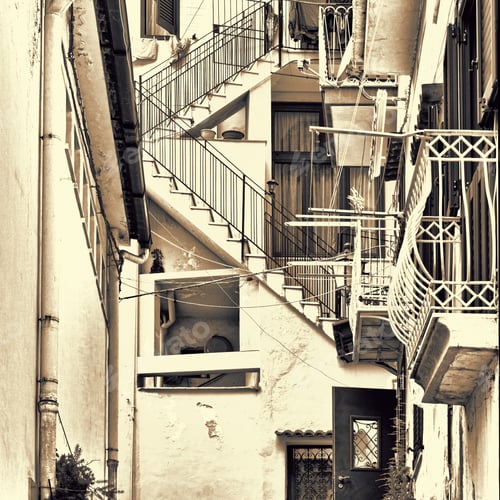 Preview: Narrow Street As Stairs In Italian City Of Cetara, Retro Image Filtered Style
