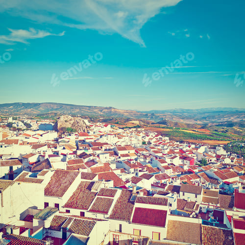 Preview: Aerial View On The Red Tiles Of The Spanish City Of Olvera, Retro Effect