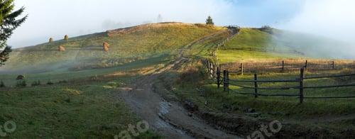 Preview: Daybreak Haze Clouds On Hill Top And Dirty Road (Carpathian Mountain, Ukraine). Six Shots Stitch