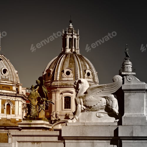 Preview: Domes Of Catholic Cathedrals In Rome, Vintage Style Toned Picture