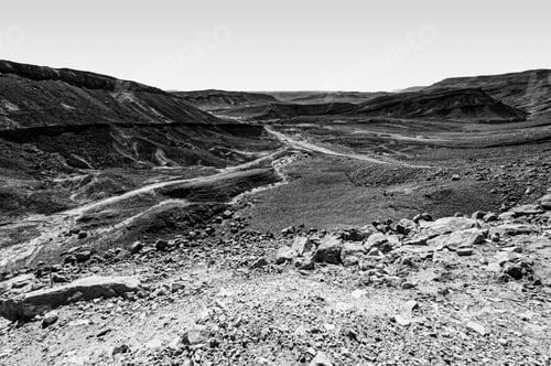 Preview: Breathtaking Landscape Of The Rock Formations In The Israel Desert In Black And White. Lifeless And