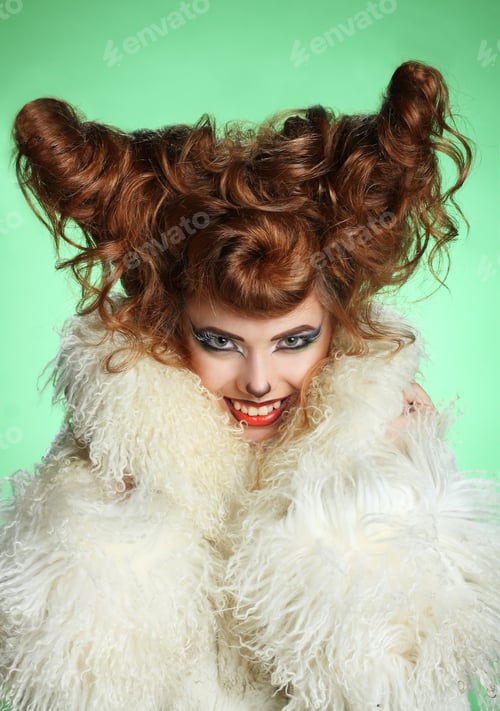 Preview: Beautiful Young Woman. Stylish Hairstyle, Make-Up Art. Vivid Emotions . Year Goat