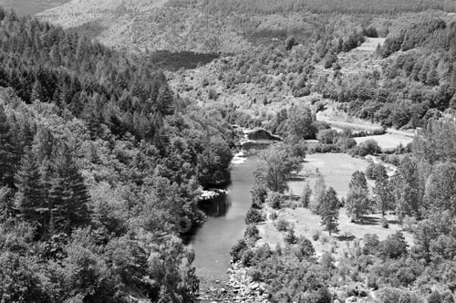 Preview: Deserted Landscape In France In Black And White. Lack Of Tourists On The Banks Of A Mountain River