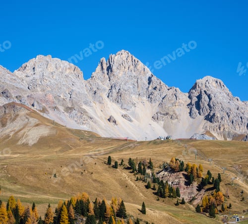 Preview: Autumn Dolomites Mountain Tops View From San Pellegrino Pass Environs, Trentino, Dolomites Alps