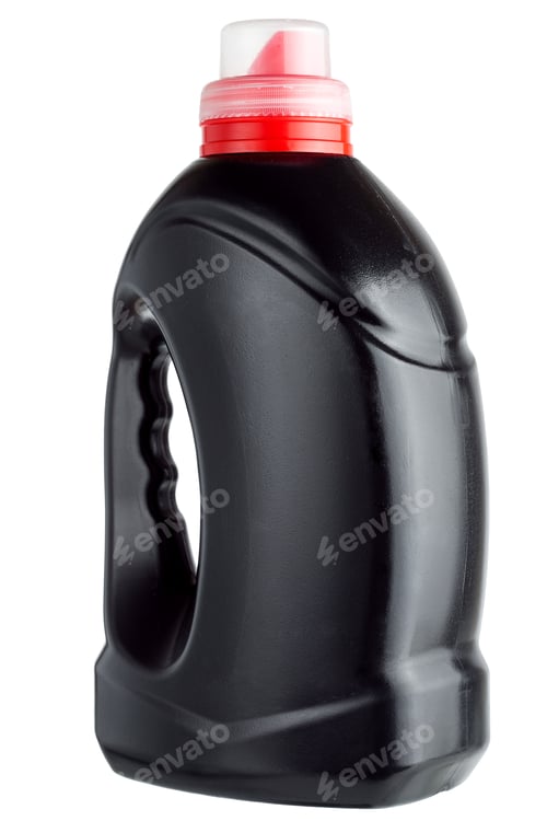 Preview: Black Plastic Bottle, Unlabel Canister With The Handle Anda Red Measured Cover, 3/4 View Isolated