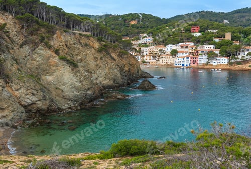 Preview: Sea Bay Summer View With Town On Coast. Casta Brava, Catalonia, Spain.
