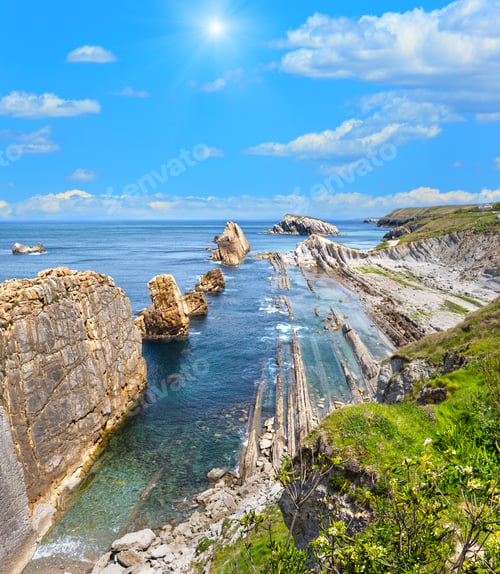 Preview: Arnia Beach (Spain) Atlantic Ocean Coastline Sunshiny Landscape. Two Shots Stitch Image.
