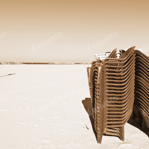 Preview: Plastic Chairs On The Beach Of Mediterranean Sea In Israel, Vintage Style Sepia