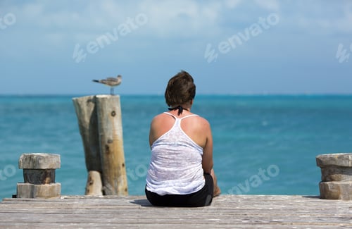 Preview: Lonely Woman Is Sitting At The End Of The Wooden Pier And Looking At The Sea. A Seagull Is Sitting