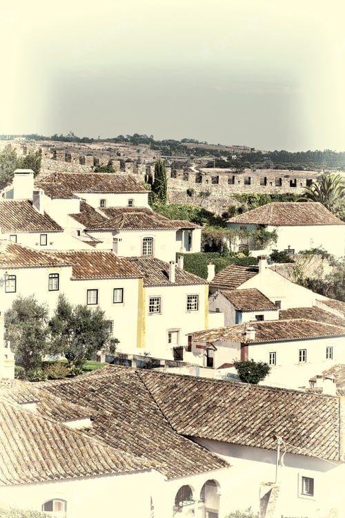 Preview: View To Historic Center City Of Obidos In Portugal, Retro Image Filtered Style