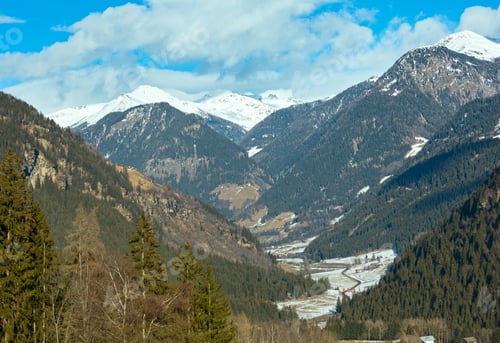 Preview: Winter Mountain Country Landscape With Forest On Slope (Austria).